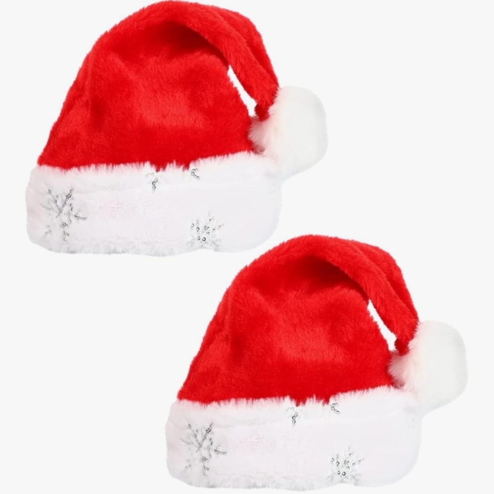BNIP 2 Pcs Festive Warm Plush Velvet Santa Hat With Snow Flake Sequin for Kids